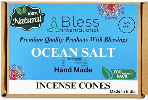 Bless International Ocean-Salt 100%-Natural-Incense-Cones Handmade-Hand-Dipped Organic-Chemicals-Free for-Purification-Relaxation-Positivity-Yoga-Meditation The-Best-scents (60 Count)