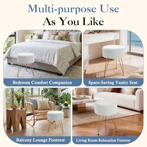 DUMOS Vanity Chair, Velvet Vanity Stool, Round Ottoman Foot Rest, Beige