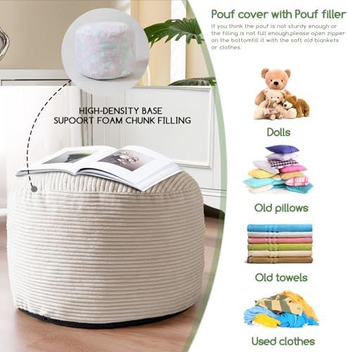 HIGOGOGO Round Stuffed Pouf Ottoman, Corduroy Poufs with Foam Chunk Filling, Furry and Fluffy Pouf Foot Stool Storage Ottoman, 20 X 15 Floor Poufs Foot Rest for Living Room, Beige