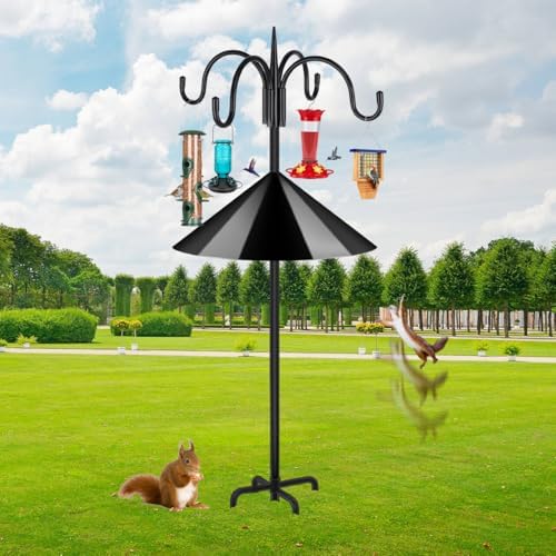 FEED GARDEN Heavy Duty Shepherds Hook Squirrel-Proof Bird Feeder Pole 92" Four Hooks 5-Prong Base & 19" Baffle for Outdoor Feeders & Plants