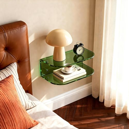 Acrylic Floating Nightstand, Wall Mounted Bedside Table Shelf (Green, 15.7”×9.4“×5.9”)