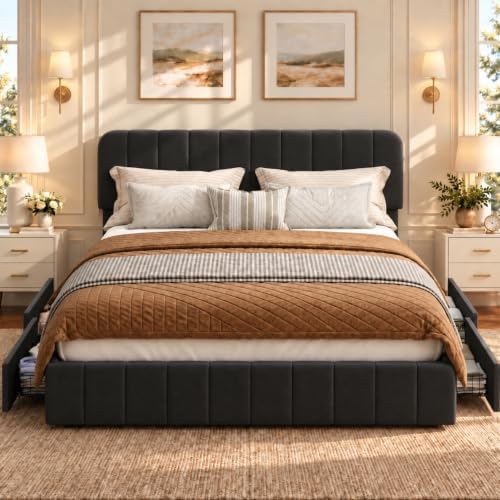 Garvee King Size Velvet Bed Frame with 4 Drawers, Adjustable Headboard
