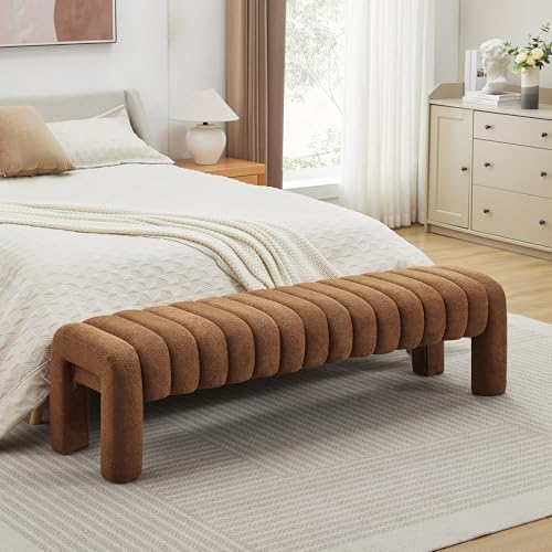 63" Boucle Bed Bench, Upholstered Bench for Bedroom, Rust Brown
