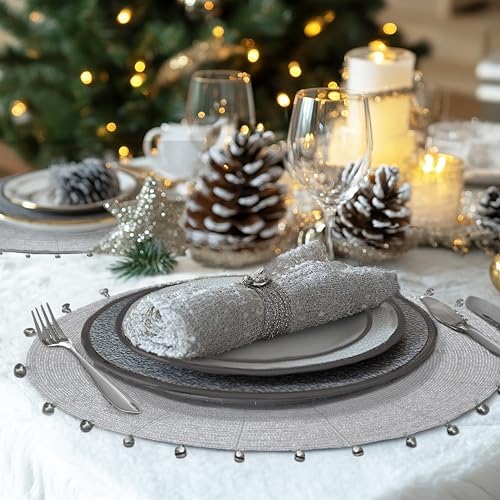 COTTON CRAFT Glitz Handmade Beaded Charger Placemat - 4 Pack - Silver Bells