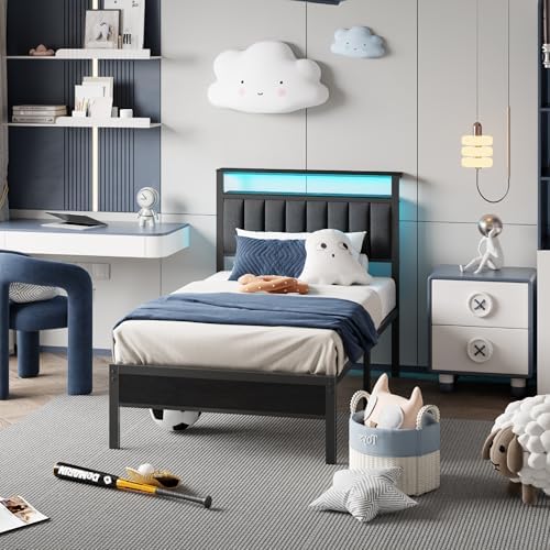 Furnulem Twin Size Bed Frame with Charging Station and LED Lights