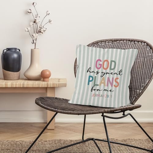 Boho Inspirational Christian Throw Pillow Cover 18x18, Bible Verse Decorative Pillow Covers for Kids Nursery Room Bedroom Playroom, Religious Green Striped Accent Pillows Cover Pillowcases