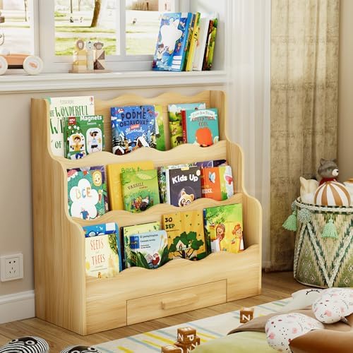 3-Tier Montessori Scalloped Kids Bookshelf with Drawer