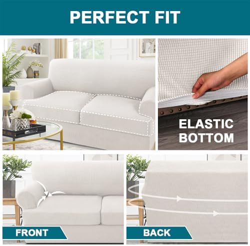 Turquoize 3 Piece T Cushion Sofa Slipcovers Stretch Couch Cover Furniture Covers with 2 Individual T Cushion Covers, Machine Washable (2 Cushion Sofa, Ivory)