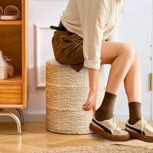 14" Natural Beige Corn Footstool Handwoven Round Pouf Ottomans Accent Seat