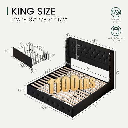 LARMACE King Size Bed Frame with 4 Storage Drawers and 47.2" Tall Tufted Headboard Velvet Upholstered Platform Bed Frame Wingback Beds with Wooden Slats Support, Easy Assembly, Black