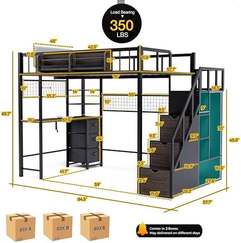 Loft Bed with Desk and Stairs, Headboard, Outlet (Black, Full)