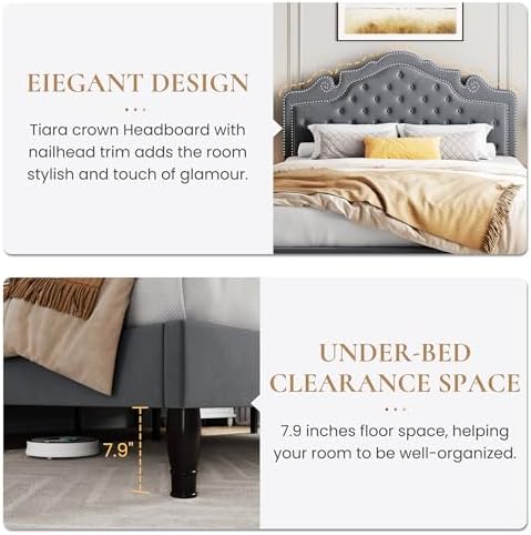 SHA CERLIN Queen Bed Frame with Adjustable Headboard/Velvet Upholstered/Diamond Button Tufted and Metal Studs/No Box Spring Needed/Wooden Slat Support/Easy Assembly/Light Grey