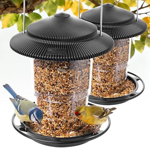 Outdoor Bird Feeder, Retractable Bird Feeder Hanging, Metal Hanger, Rainproof & Leak-Proof, Black, Pack of 2