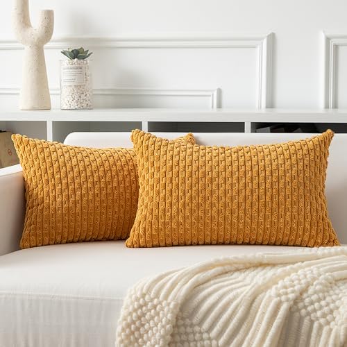 Kevin Textile Soft Corduroy 12"x20" Lumbar Pillow Covers 2 Pack Gold Yellow