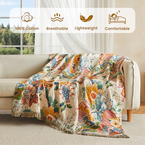 MSGKV Boho Throw Blanket 50"x60" 100% Cotton Vine Blanket for Couch Bed