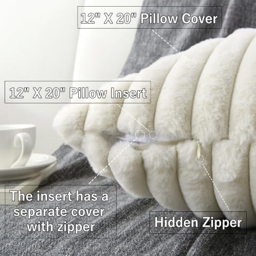 Decorative Throw Pillow with Inserts, Set of 2 Soft Faux Fur Throw Pillows, Boho Striped Pillow for Couch, Bed, Sofa Decor (Beige, 12" x 20"(Pack of 2))