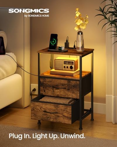 SONGMICS Nightstand with Charging Station, 2 Fabric Drawers