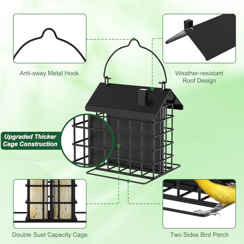 Gbekery All-Metal Double Suet Bird Feeder for Outdoors Hanging, Black Roof