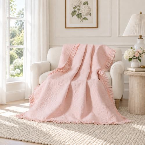 Brandream Pink Ruffled Quilted Throw Blanket Cotton 47 X 60 Chic Throw