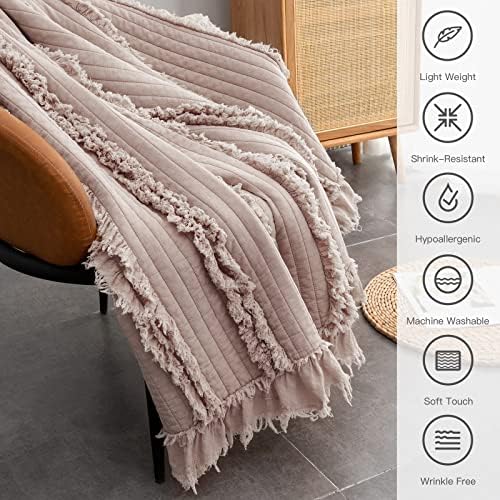 Ultra Soft Pre-Washed Quilted Throw Blanket, Ruffle Fringed Dusty Rose Pink Decorative Throw, Stone Washed Chic Rustic Blanket for Sofa Couch Bed Chair, 50"x 60"