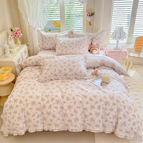 HighBuy Farmhouse Floral Duvet Cover Set Twin Pink Ruffle,100% Cotton Bedding with Zipper Closure,Shabby Vintage Princess Flowers Bedding Set for Hot Sleepers - 1 Duvet Cover and 2 Pillowcases