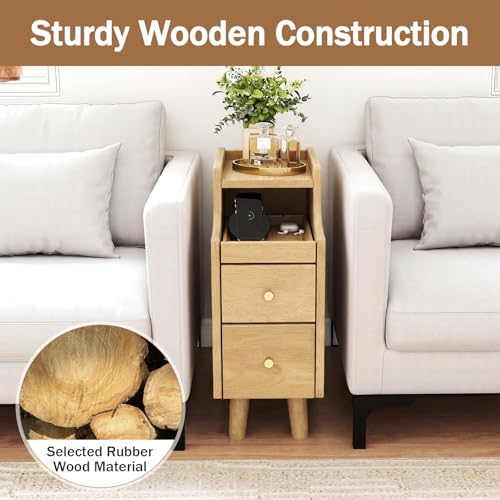 KOMFOTT Narrow Nightstand with Drawers, Solid Wood Bedside Table with Pull-Out Tray & 2 Storage Drawers, Slim Sofa End Table with Cable Management for Small Spaces, Bedroom (Natural,8" x 16" x 20",2)
