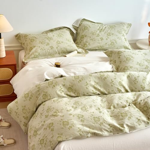HighBuy Sage Green Floral Duvet Cover Twin XL Textured Design,Premium Muslin Cotton Coquette Floral Comforter Cover Set for College,Farmhouse Gauze Bedding Set with 2 Pillowcases