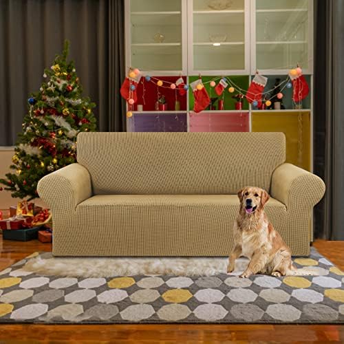 KEKUOU Stretch Loveseat Couch Cover, 2 Cushion Couch Slipcover,Tan