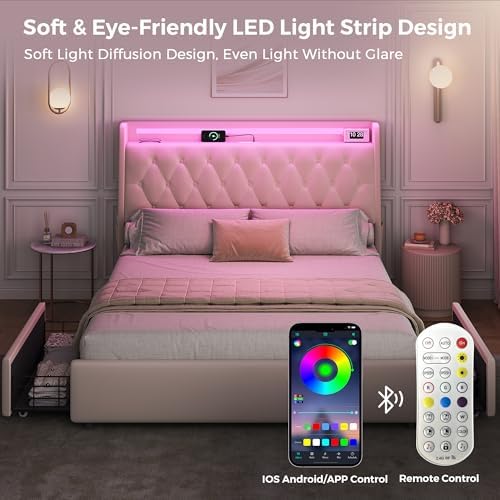 Full LED Velvet Bed Frame with 2 Storage Drawers&Hidden Headboard, Upholstered Platform Bed with Charging Station&Button Tufted Design, Wooden Slats Support, Box Spring Optional, Easy Assembly, Beige