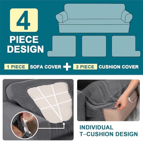 Turquoize 4 Piece T Cushion Sofa Slipcovers Stretch Couch Cover Furniture Covers with 3 Individual T Cushion Covers, Machine Washable (3 Cushion Sofa, Gray)