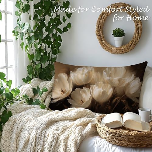 Vintage White Tulips Floral Pillow Cover 12x20, Elegant Neutral Moody Botanical Flower Decorative Lumbar Pillow Cover for Couch Bed Living Room Bedroom