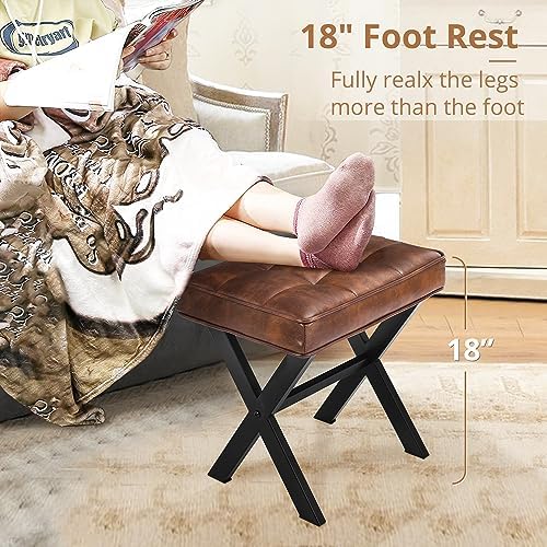 LUE BONA Vanity Stool, Square Faux Leather Makeup Stool with Metal X Legs, Small Ottoman Stool Chair for Vanity, Modern Padded Vanity Seat Foot Rest Stool for Makeup Room, Living Room, Reddish Brown