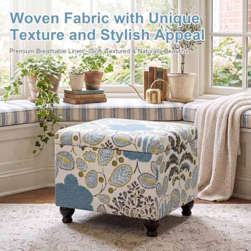 Adeco Colorful Storage Ottoman with Storage, 21" Linen Fabric Ottoman Foot Rest Stool with Hinged Lid with Blue Leaf Pattern, 360 LB Load Capacity, Living Room, Bedroom, Entryway