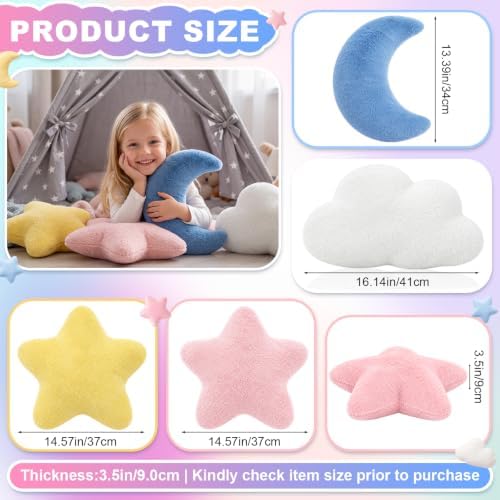 4 Pcs Plush Cloud Star Moon Throw Pillow Set, Blue, White, Pink, Yellow