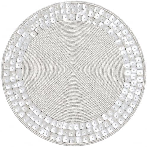 Beaded Placemats Set, 13 Inch Round Handmade Ivory Silver Dining Table Mats