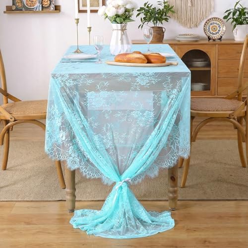 Rectangle Table Cloth 10FT Blue Lace Tablecloth Floral Pattern Sheer Cover