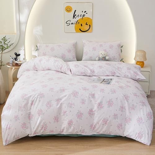 HighBuy 100% Cotton Duvet Cover Full,Pink Floral Bedding Comforter Cover French Style,Princess Duvet Cover Set 2 Bowknot Bow Tie Pillowcases,Shabby Chic Bedding Duvet Cover Set