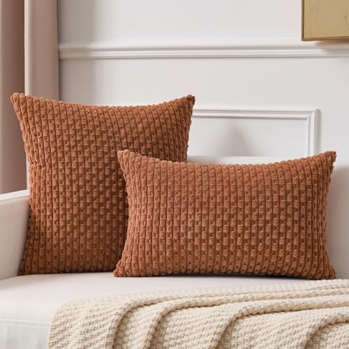 Kevin Textile Soft Corduroy 24x24 Inch Pillow Covers 2 Pack, Burnt Orange