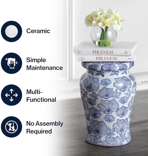 JONATHAN Y Poppies 17.75" Ceramic Drum Garden Stool Side Table, White/Blue