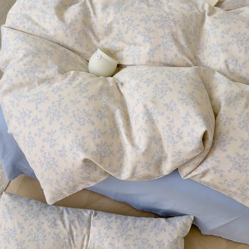 HighBuy Cotton Muslin Duvet Cover Set King Size 3 Pieces Blue Floral Print 100% Cotton Gauze Comforter Cover with 2 Pillowcases,Breathable Percale Durable Comfy Farmhouse Neutral Bedding Set