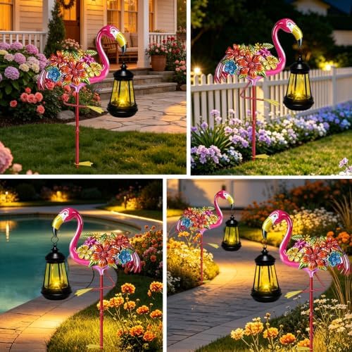 32.28in Pink Flamingo Garden Stakes with Solar Lights Outdoor Decor Gifts