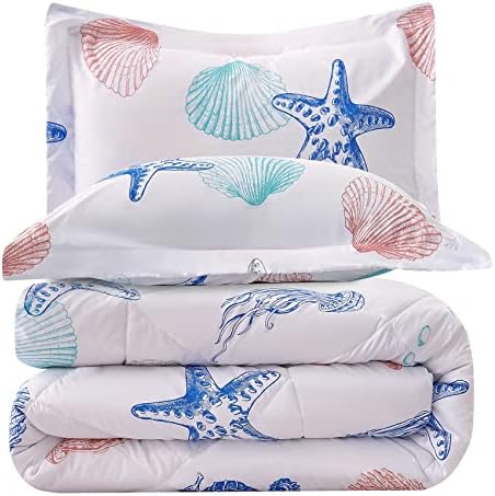 JSD Beach Theme Kids Comforter Set Twin Size, Jellyfish Starfish Shell Pattern