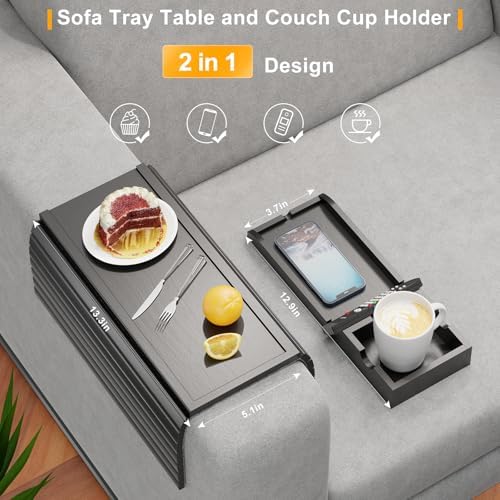 Bestjing Bamboo Couch Armrest Table with Detachable Cup Holder Tray (Black)