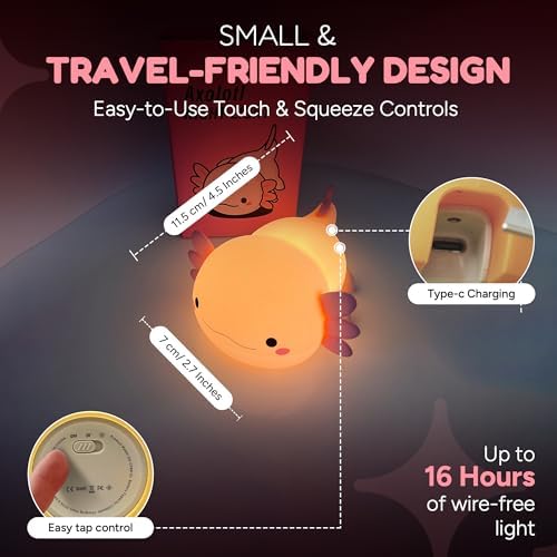 Squishy Axolotl Night Light, Soft Silicone Pink Axolotl Lamp for Kids with 20-Minute Timer, 2 Brightness Levels, Rechargeable LED Nightlight for Girls, Ages 3+