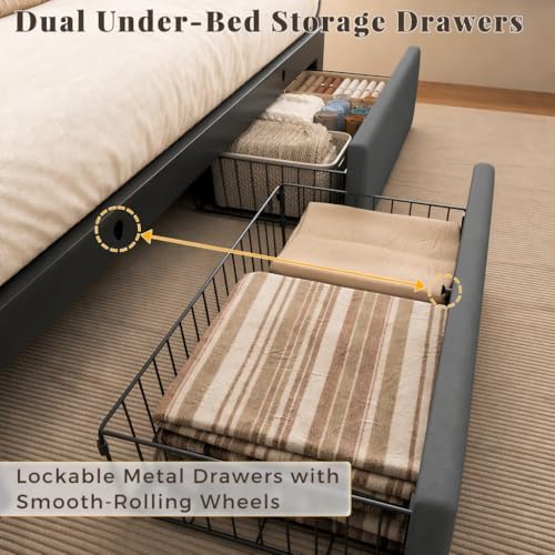 Queen Bed Frame with 2 Storage Drawers, Grey Velvet Upholstered