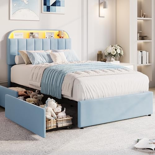 GarveeHome Twin Bed Frame, Platform Bed with Storage Headboard & Drawers