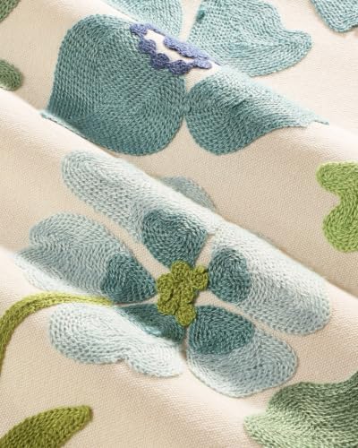 Embroidered Floral Throw Pillow Cover 20x20 Inch, Teal Flower