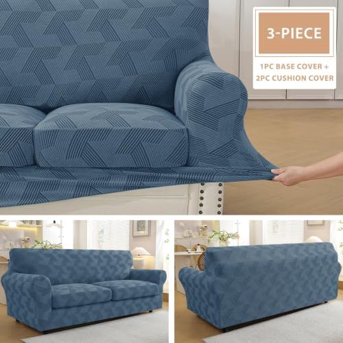 ZNSAYOTX 3 Piece Stretch Couch Covers (72"-90") New-Rectangle Texture, Thick Sofa Covers for 2 Cushion Couch Universal Sofa Slip Cover with Elastic Bottom & Buckle, Washable Protector Dark Grey