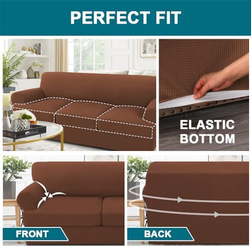 Turquoize 4 Piece T Cushion Sofa Slipcovers Stretch Couch Cover Furniture Covers with 3 Individual T Cushion Covers, Machine Washable (3 Cushion Sofa, Caramel)