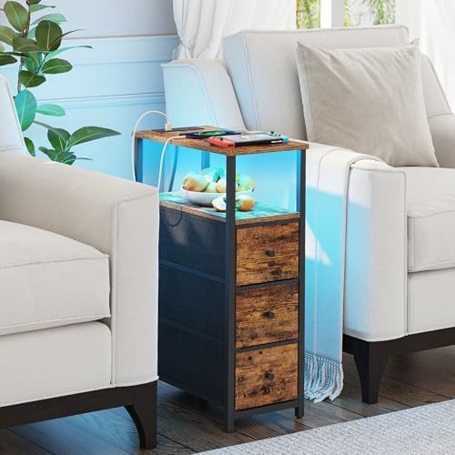 TUTOTAK Narrow LED Night Stand with Charging Station, Slim End Table